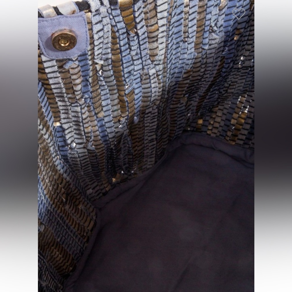 Leather Hand Woven Blue Tote Bag with Jute & Cotton contrast - Picture 3 of 4